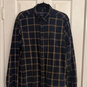Men's Navy and Gold Plaid Button-Down Shirt
